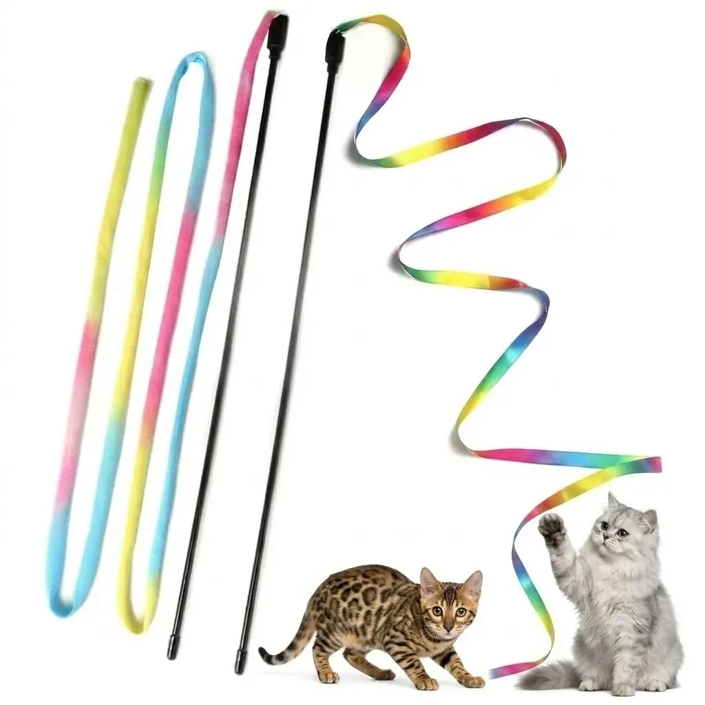 Cat Teaser Wand Toy, Interactive Rainbow Ribbon Wand with Elastic Satin String