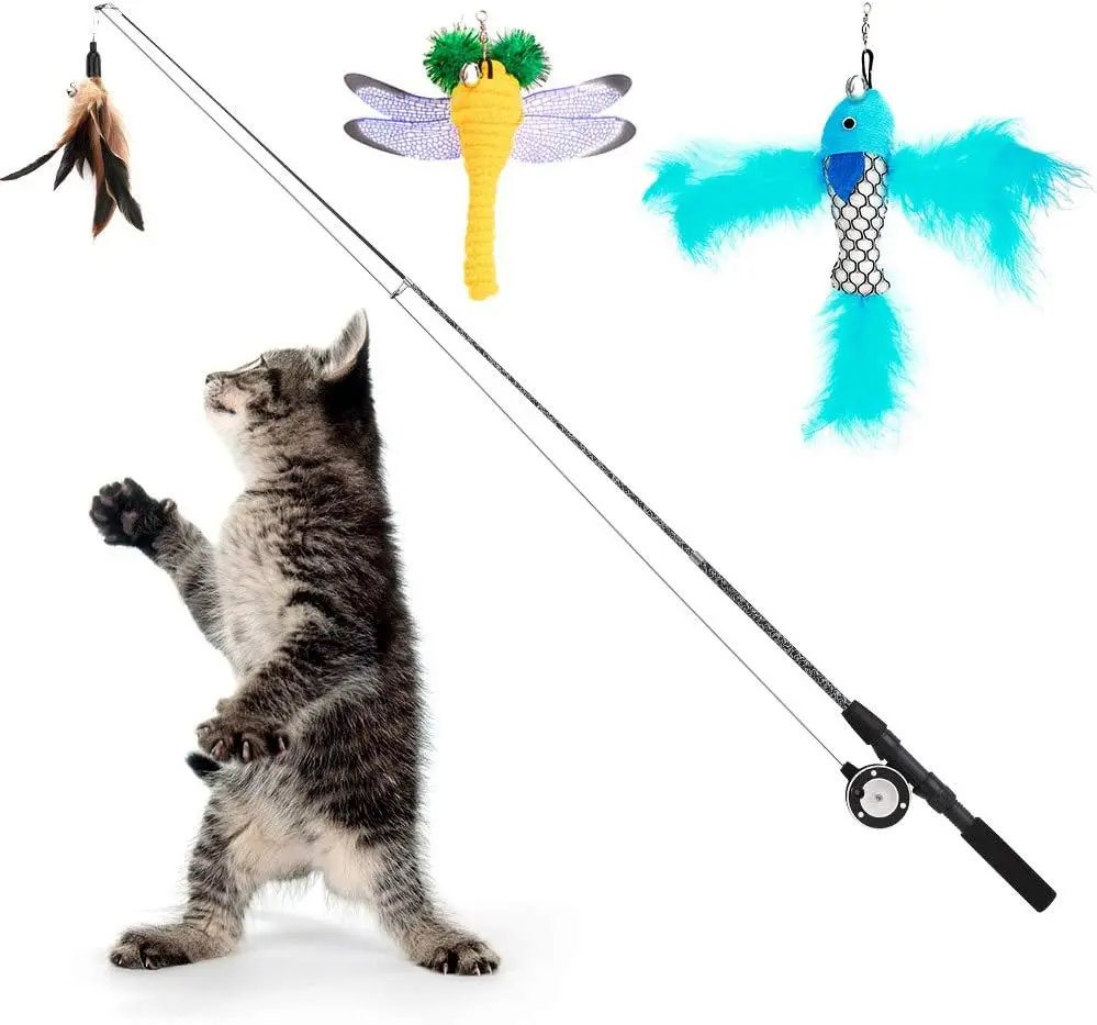 Cat Feather Toys, 4 Pack Interactive Cat feather Teaser Wand Toys