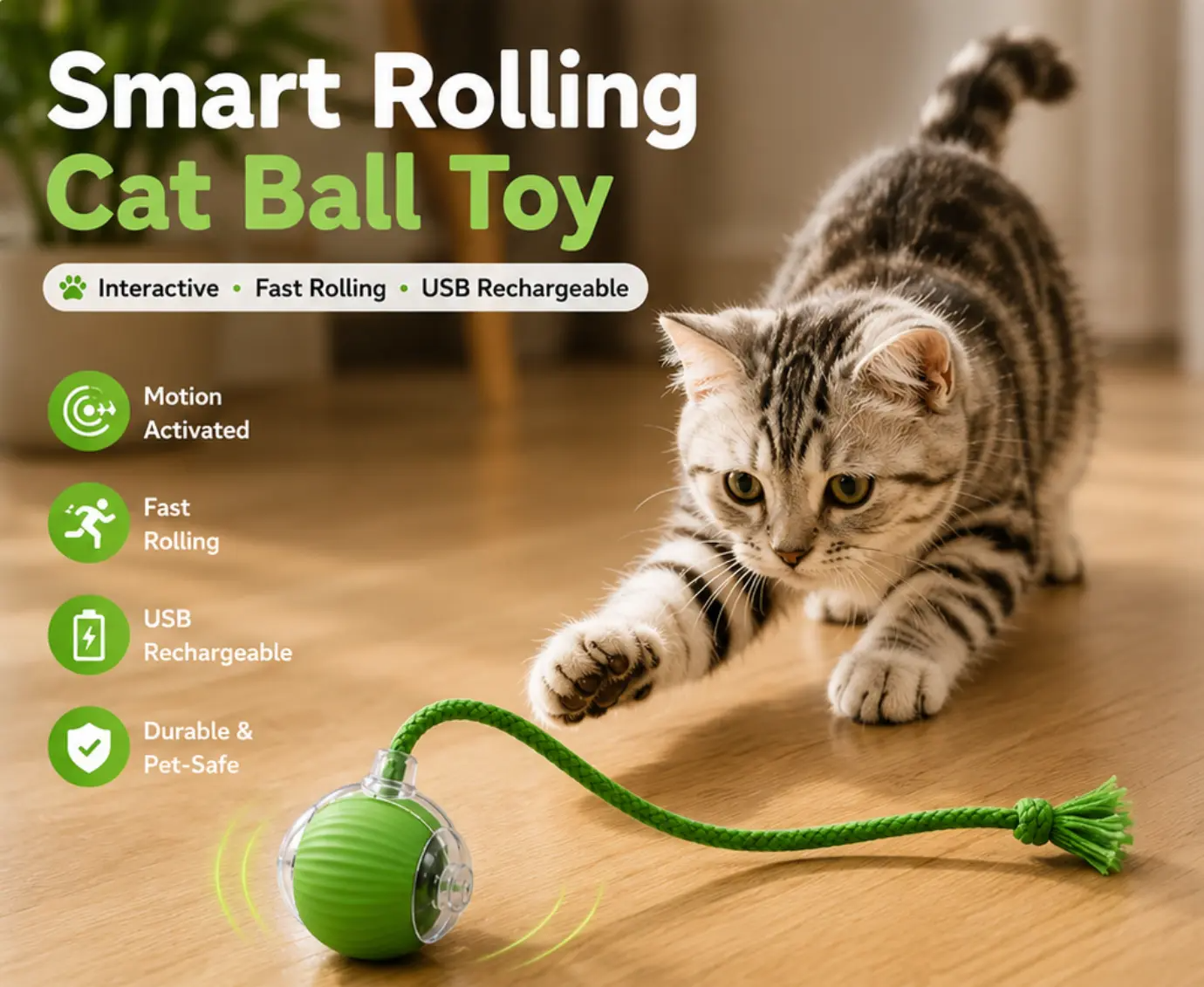 Interactive Tail-Equipped Cat Ball Chaser Toy, USB Rechargeable Motion-Activated Smart Pet