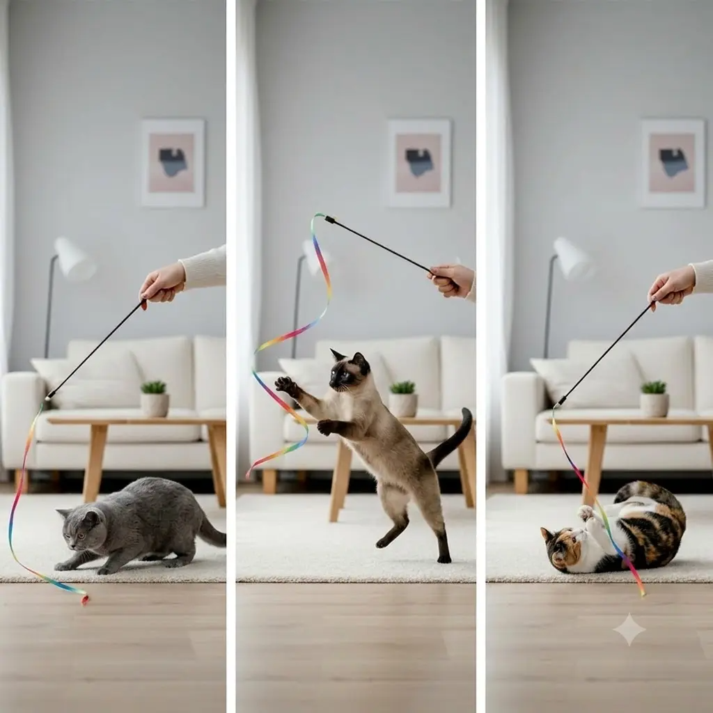 Cat Teaser Wand Toy, Interactive Rainbow Ribbon Wand with Elastic Satin String