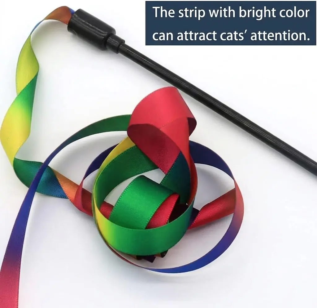 Cat Teaser Wand Toy, Interactive Rainbow Ribbon Wand with Elastic Satin String