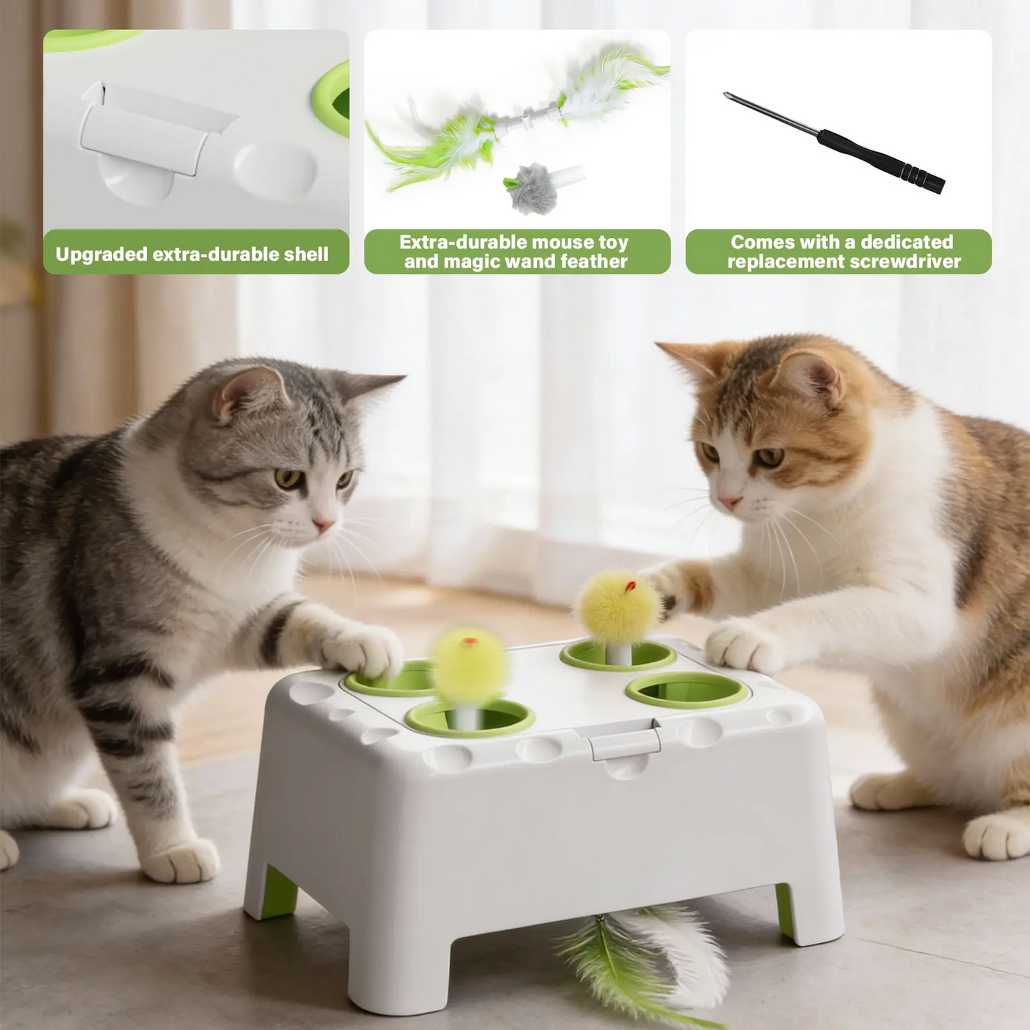 Magic House Cat Toy features two modes: Whack-a-Mole and Spinning Feathers. Suitable for all cats