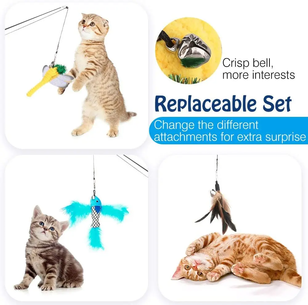 Cat Feather Toys, 4 Pack Interactive Cat feather Teaser Wand Toys