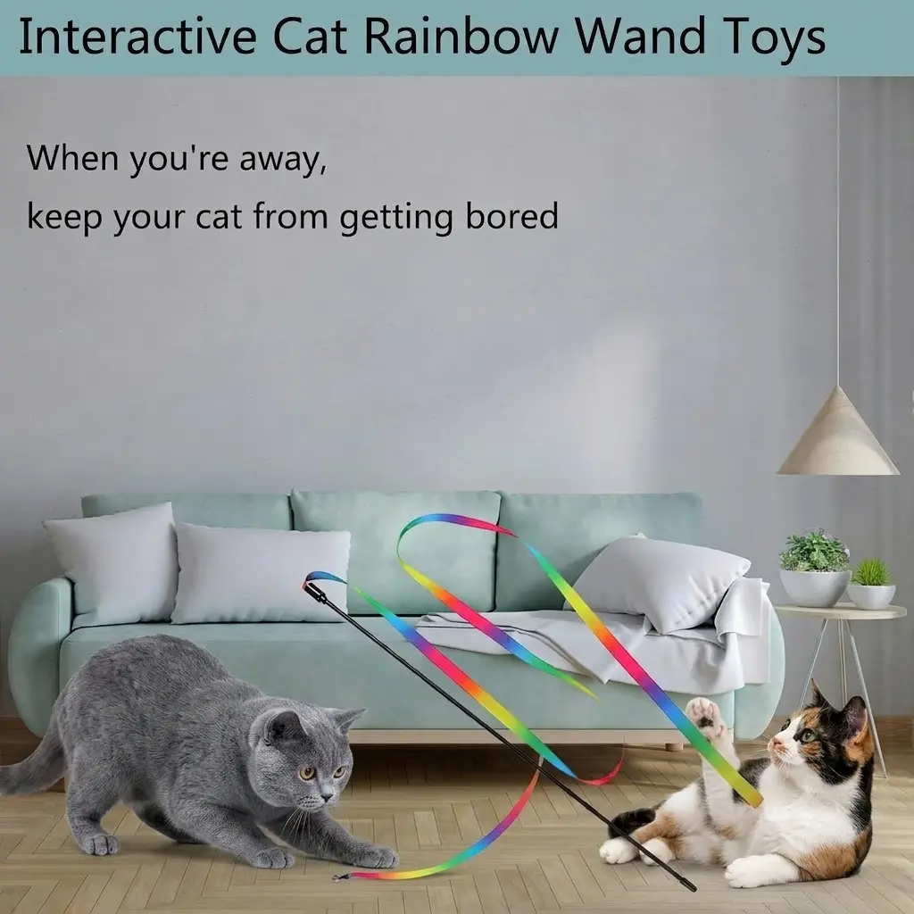 Cat Teaser Wand Toy, Interactive Rainbow Ribbon Wand with Elastic Satin String