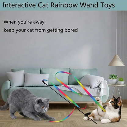 Cat Teaser Wand Toy, Interactive Rainbow Ribbon Wand with Elastic Satin String