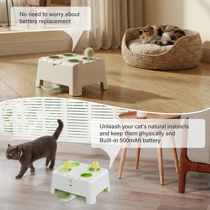 Magic House Cat Toy features two modes: Whack-a-Mole and Spinning Feathers. Suitable for all cats