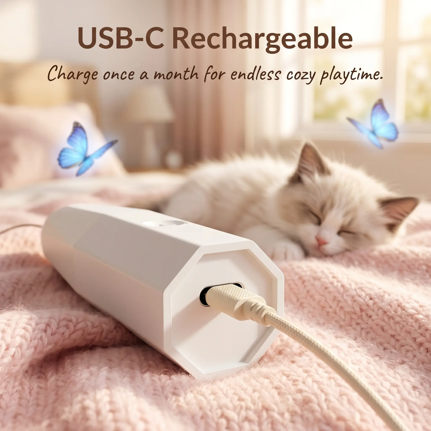 Interactive Butterfly Cat Toy USB Rechargeable Electric Kitten Teaser Wand Strong