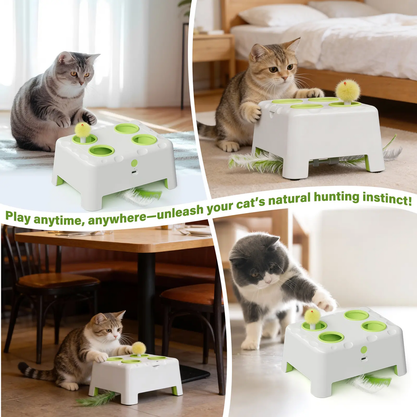 Magic House Cat Toy features two modes: Whack-a-Mole and Spinning Feathers. Suitable for all cats