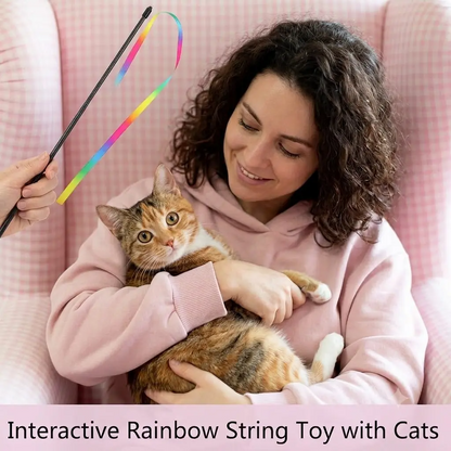 Cat Teaser Wand Toy, Interactive Rainbow Ribbon Wand with Elastic Satin String