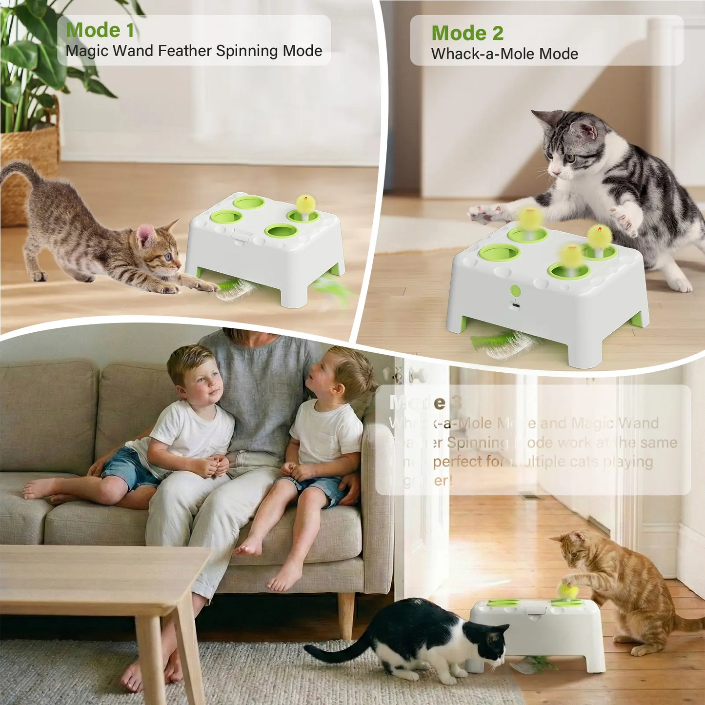 Magic House Cat Toy features two modes: Whack-a-Mole and Spinning Feathers. Suitable for all cats